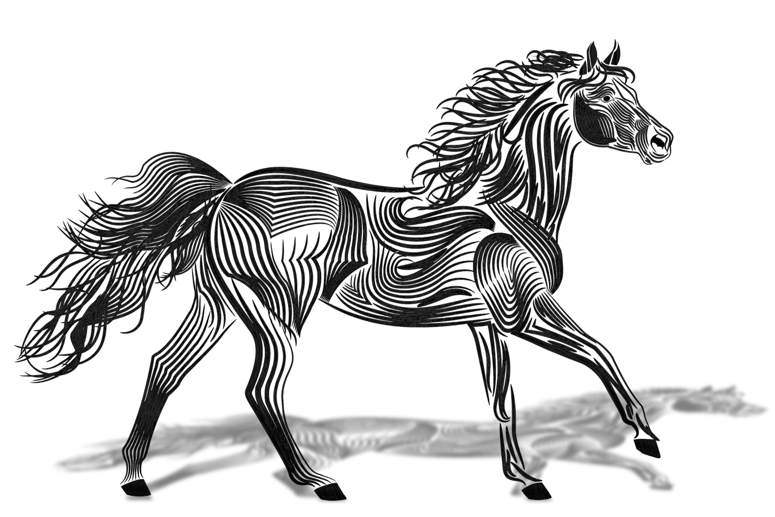 Outline drawing of a horse with intricate line details.