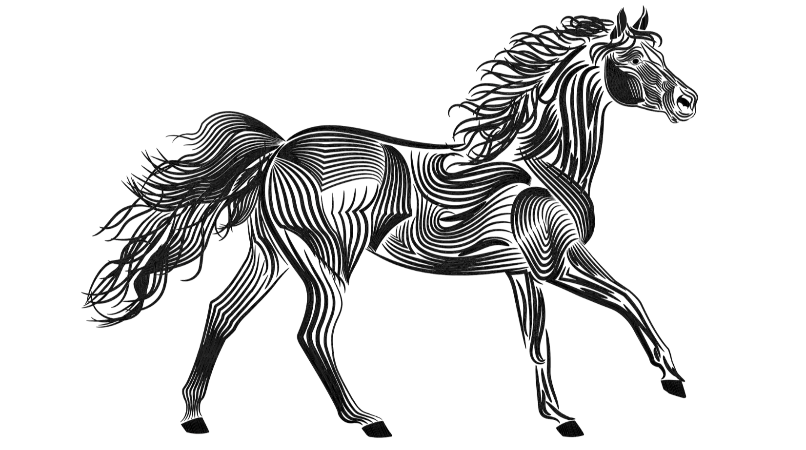 Outline of a walking dog made of dotted lines on a black background.