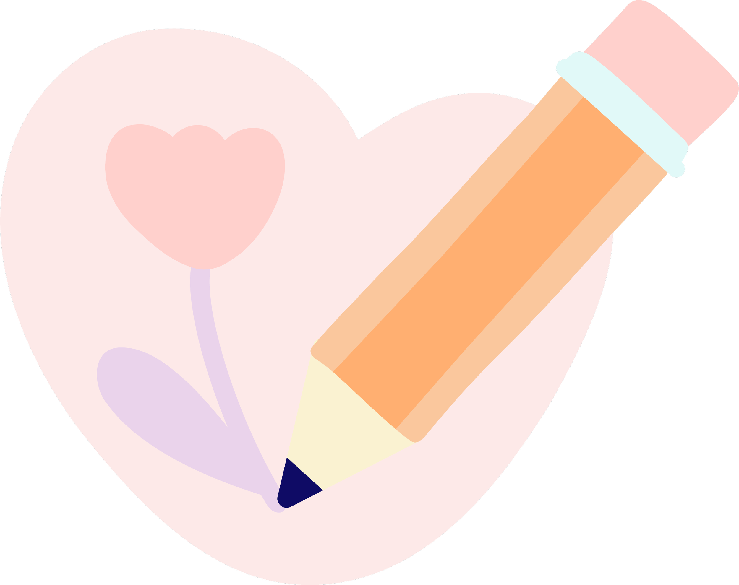 A drawing of a pink heart with a smaller pink heart on it, with a large yellow and orange pencil overlapping the heart.
