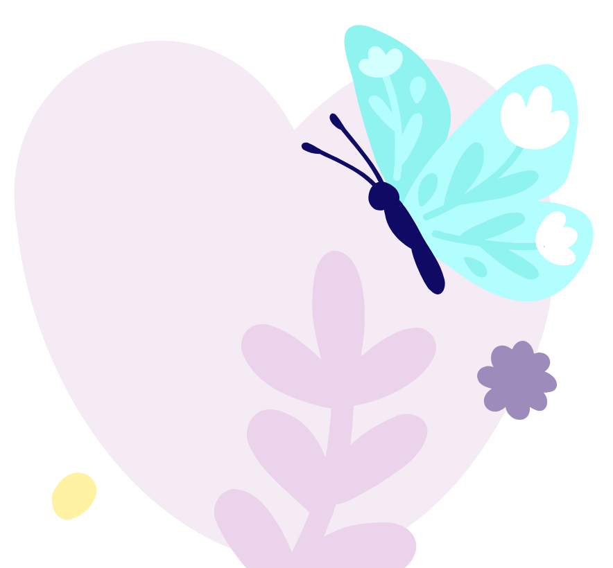 A light purple heart with a blue butterfly and a purple flower on it, set against a black background.
