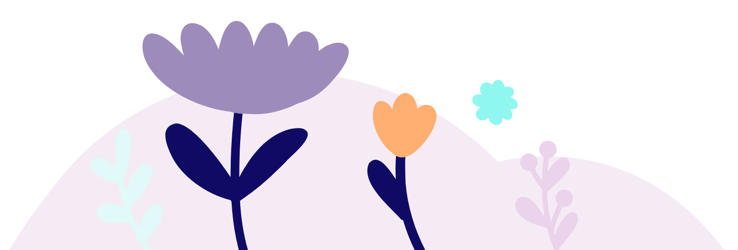 Colorful illustration of flowers and plants on a light purple background.