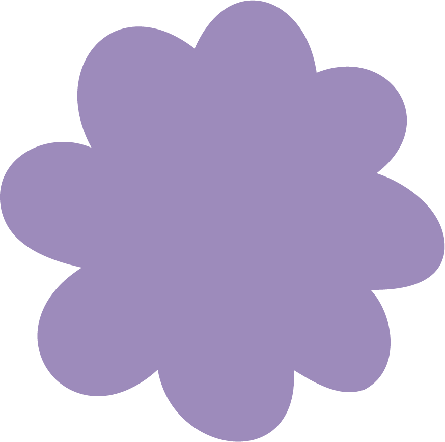 A purple, abstract, flower-shaped graphic with rounded petals.