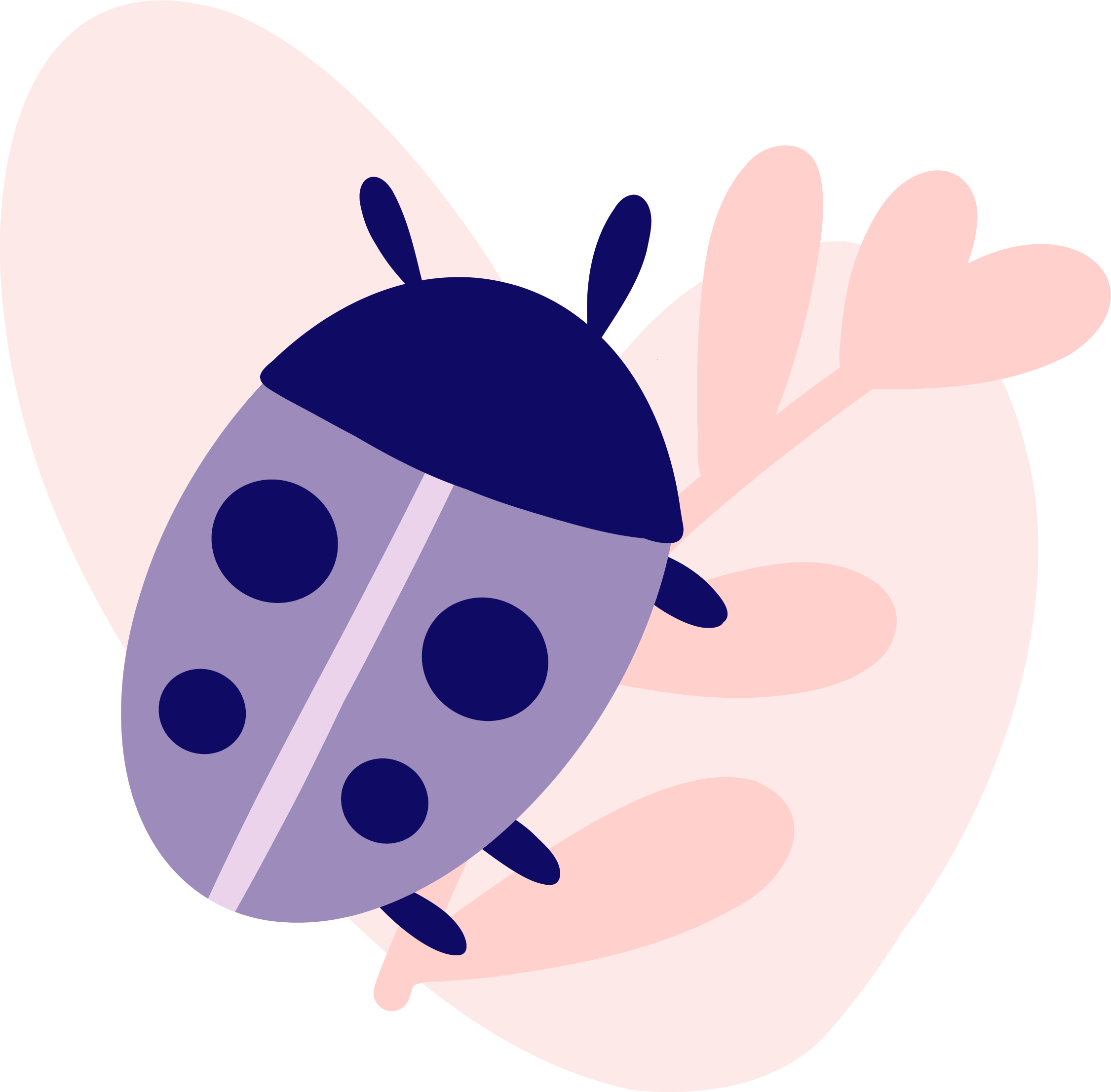 Illustration of a purple and blue ladybug with black spots on a pink hand with heart-shaped fingers.