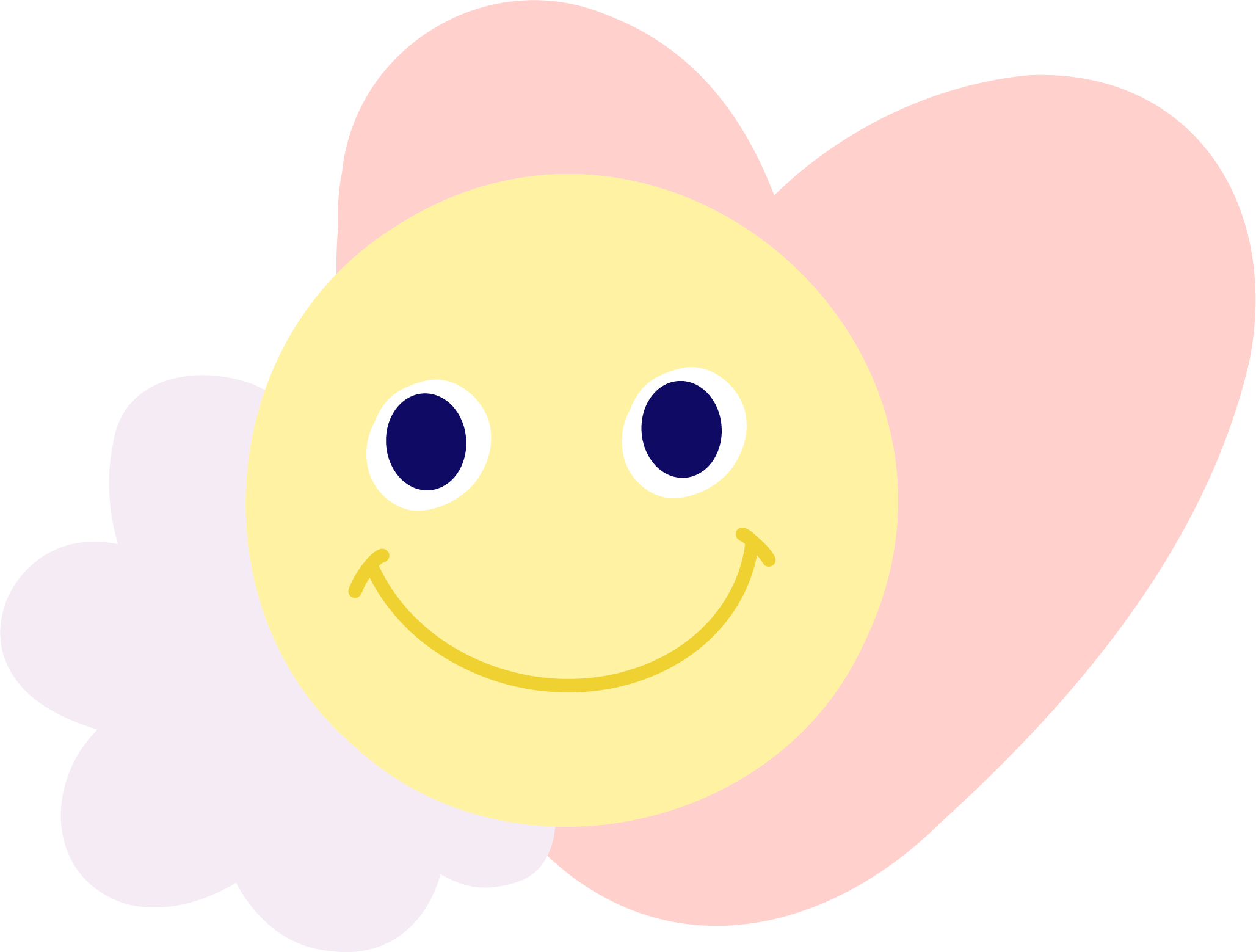 A drawing of a smiling yellow face with blue eyes, and a curved smile, surrounded by pink and purple cloud-like shapes.