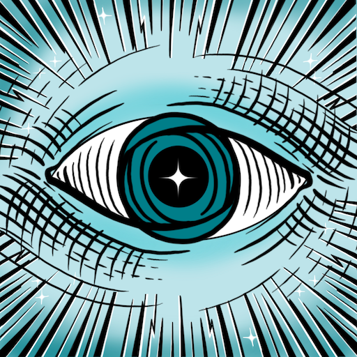 A stylized illustration of an eye with concentric circles and star-like highlights, surrounded by radiating lines and sparkles. The app store icon for The Work Oracle Deck App