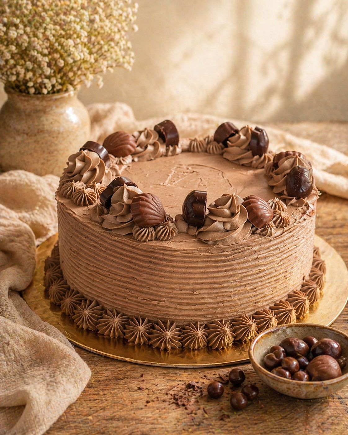 Chocolate cake decorated with chocolate truffles and rosette piping, placed on a gold cake board, with a bowl of chocolate-covered nuts and a vase with flowers nearby.