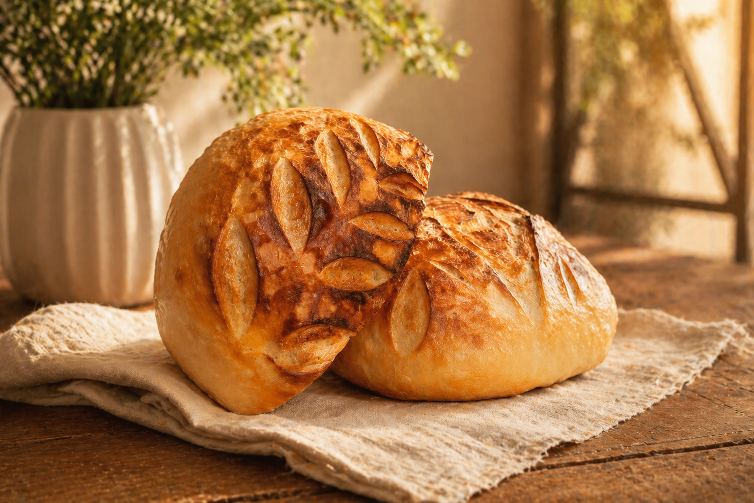 Two loaves of bread with almond slices on top, resting on a cloth on a wooden table, with a flower vase in the background.
