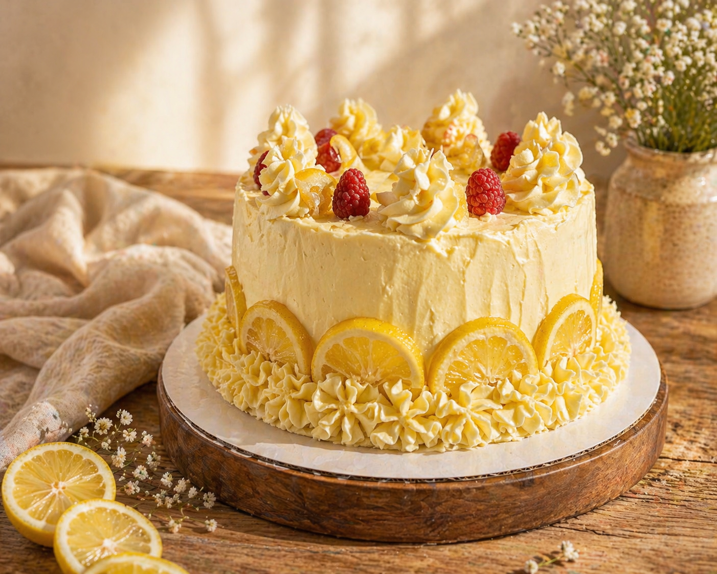 A lemon-flavored cake decorated with lemon slices, white cream, and raspberries, placed on a rustic wooden table with flowers in the background.