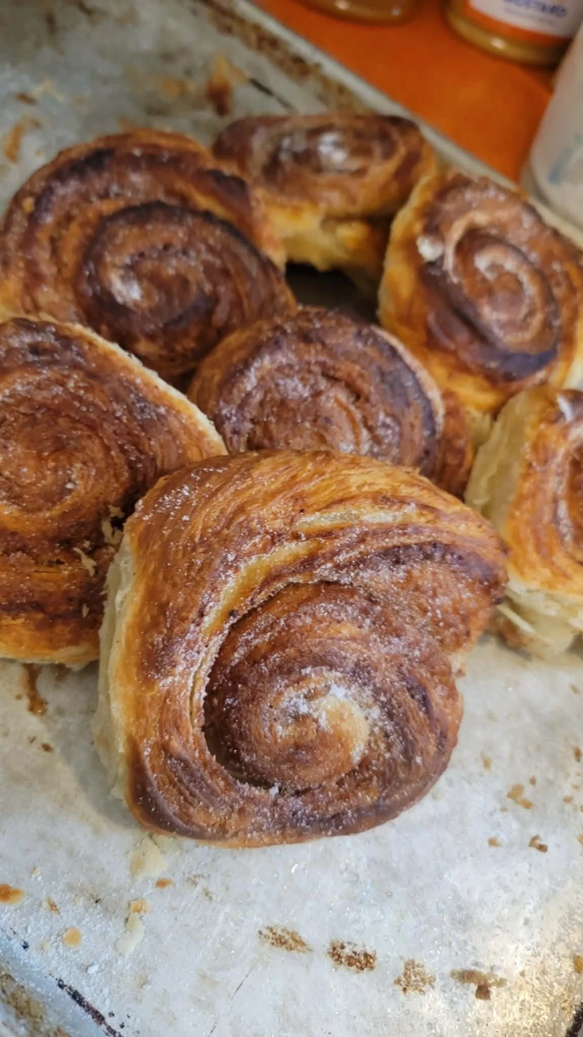 Close-up of freshly baked cinnamon rolls dusted with powdered sugar on a baking sheet.