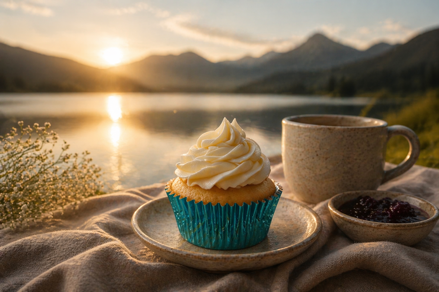 Cupcake with white frosting, a cup of coffee, and a bowl of berry jam on a table with a lake and mountain scenery at sunset in the background.