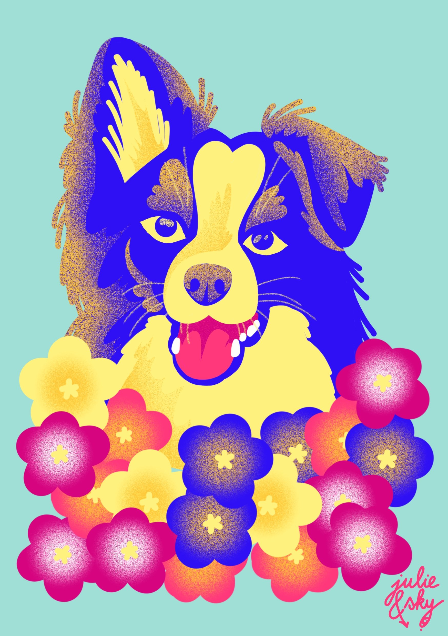PRINT A6 "Border Collie aux primevères"