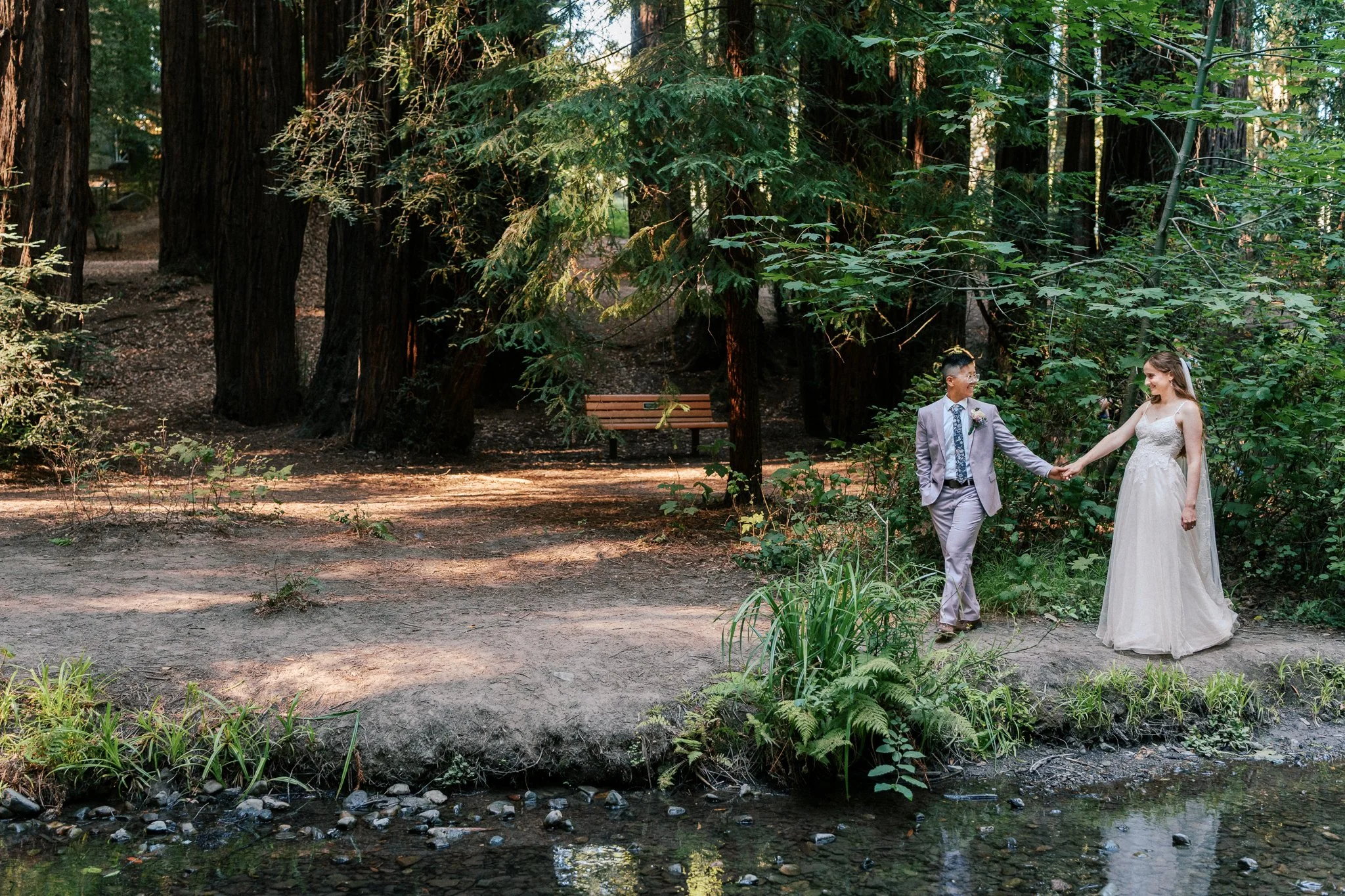 A bride and groom holding hands and walking through a forested area near a small stream, with tall trees and sunlight filtering through the leaves.