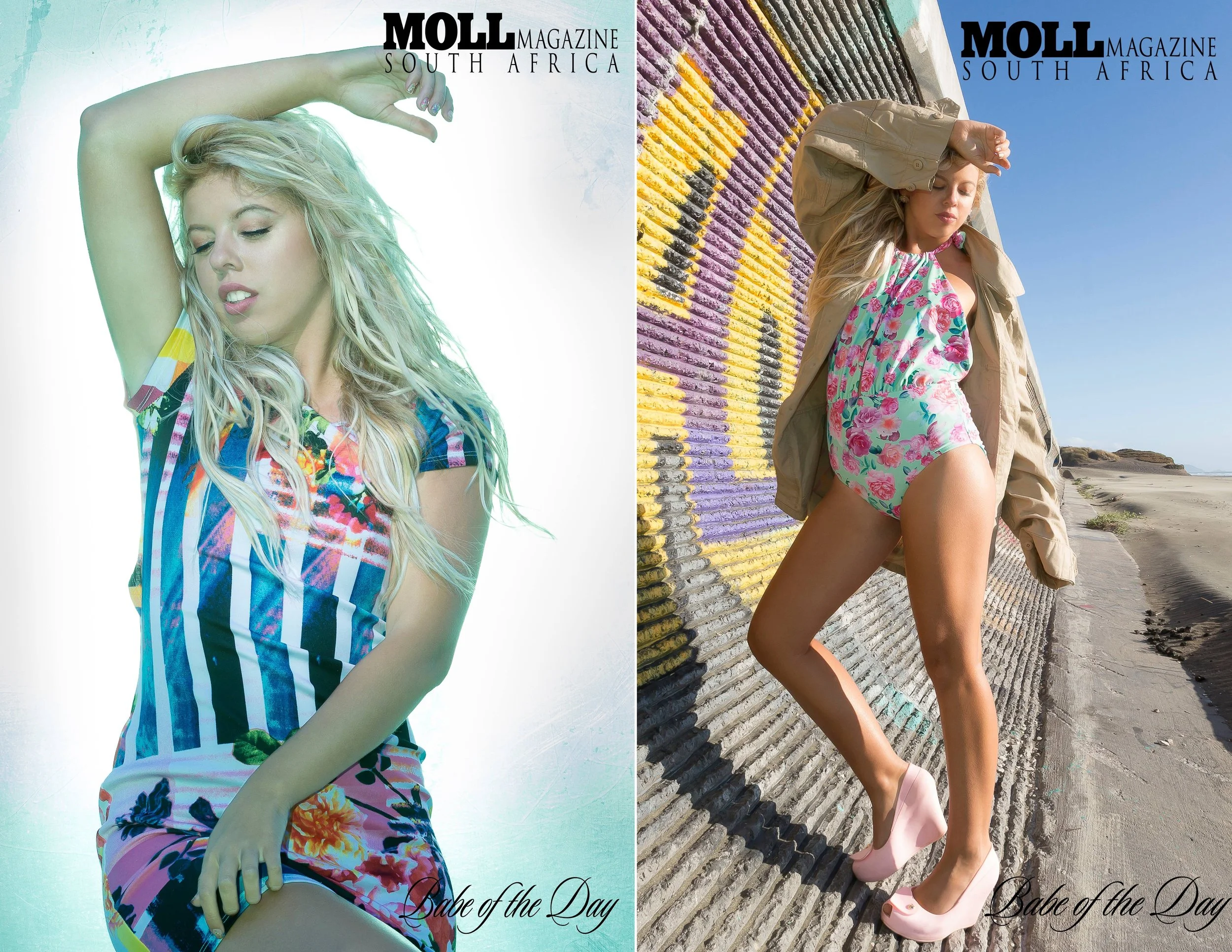 A woman with long blonde hair posing outdoors. She is wearing a colorful floral outfit and a beige jacket, with her hand above her eyes. The background features a painted wall and a clear sky, with the ocean in the distance. The magazine covers are t