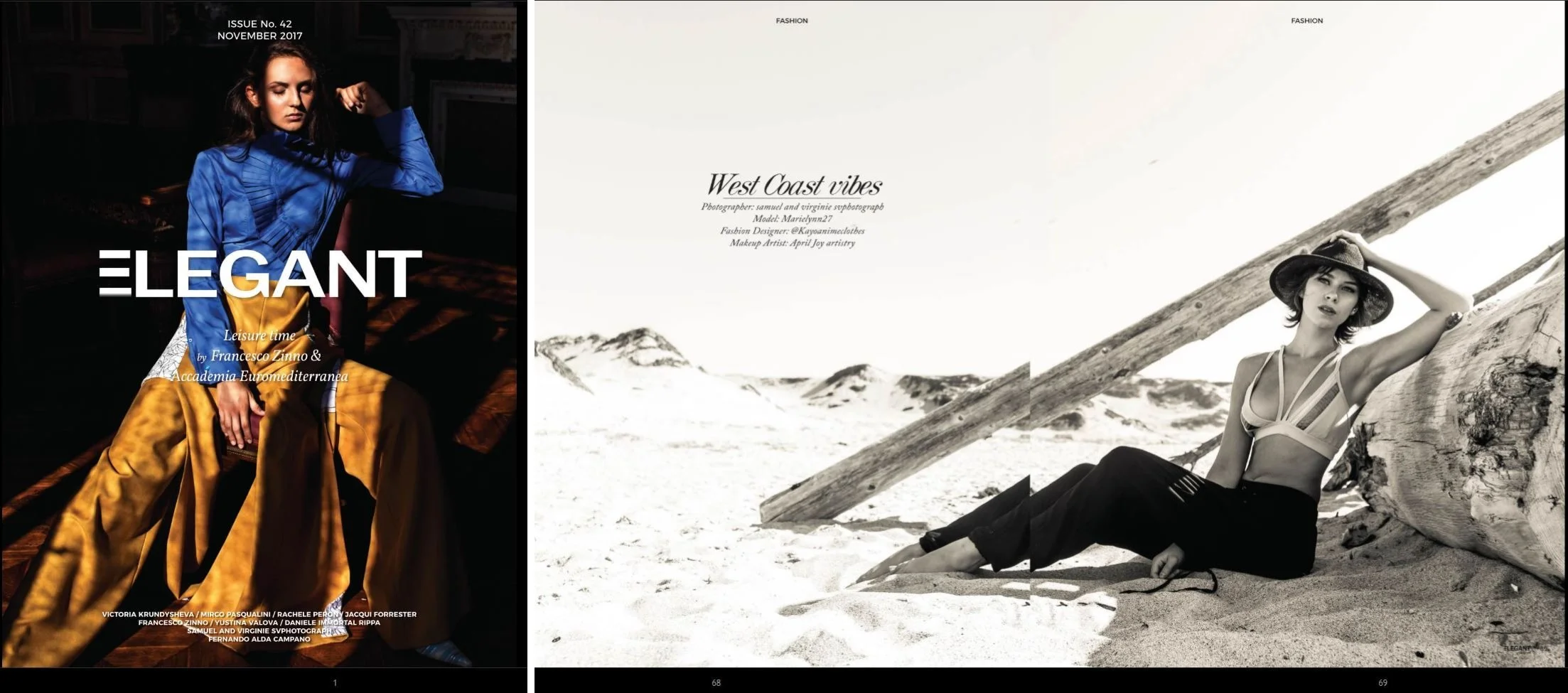 Left side shows a woman in casual fashion sitting on a wooden surface, wearing a blue top and mustard-colored pants with the word 'ELEGANT' overlayed. Right side shows a woman in beachwear sitting on sand with large driftwood and mountains in the bac