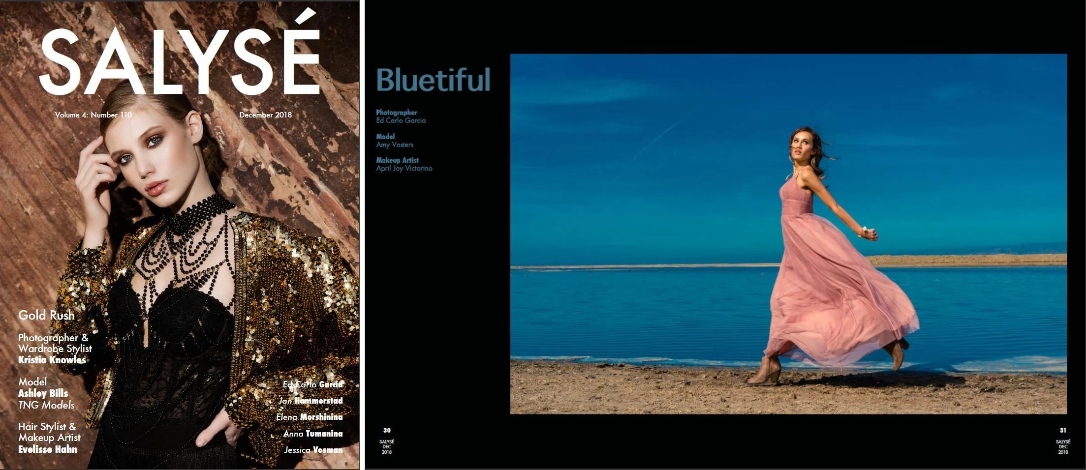 Magazine cover titled SALYSE, December 2018, featuring a woman in a dark, glittering outfit with jewelry, posing with her hand near her face against a textured brown background; and a woman in a flowing pink dress, holding her dress as she walks alon
