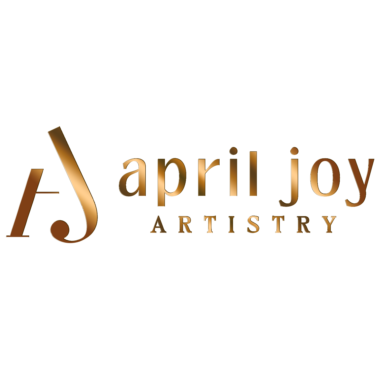 Text reading 'April Joy Artistry' in a stylized metallic font with a decorative initial 'A' and blue accents.