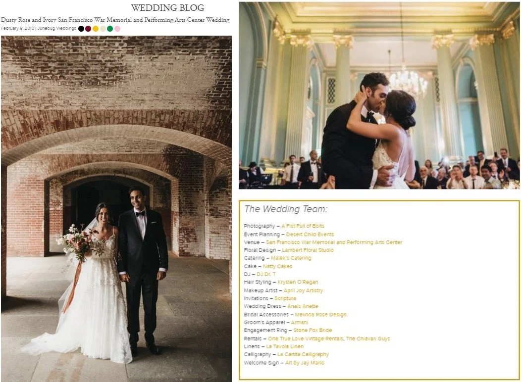 A wedding blog page with two photographs. The left photo shows a bride and groom in wedding attire standing under a brick archway, holding hands with the bride holding a bouquet. The right photo depicts a couple dancing closely in an ornate, elegant 