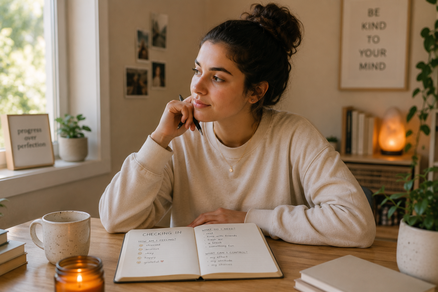 A woman sitting at a wooden table with an open journal in front of her. She has dark hair tied in a bun, wearing a beige sweatshirt, and is holding a pen. The room has a window with plants and framed pictures, and a poster that says 'Be kind to your mind' on the wall.