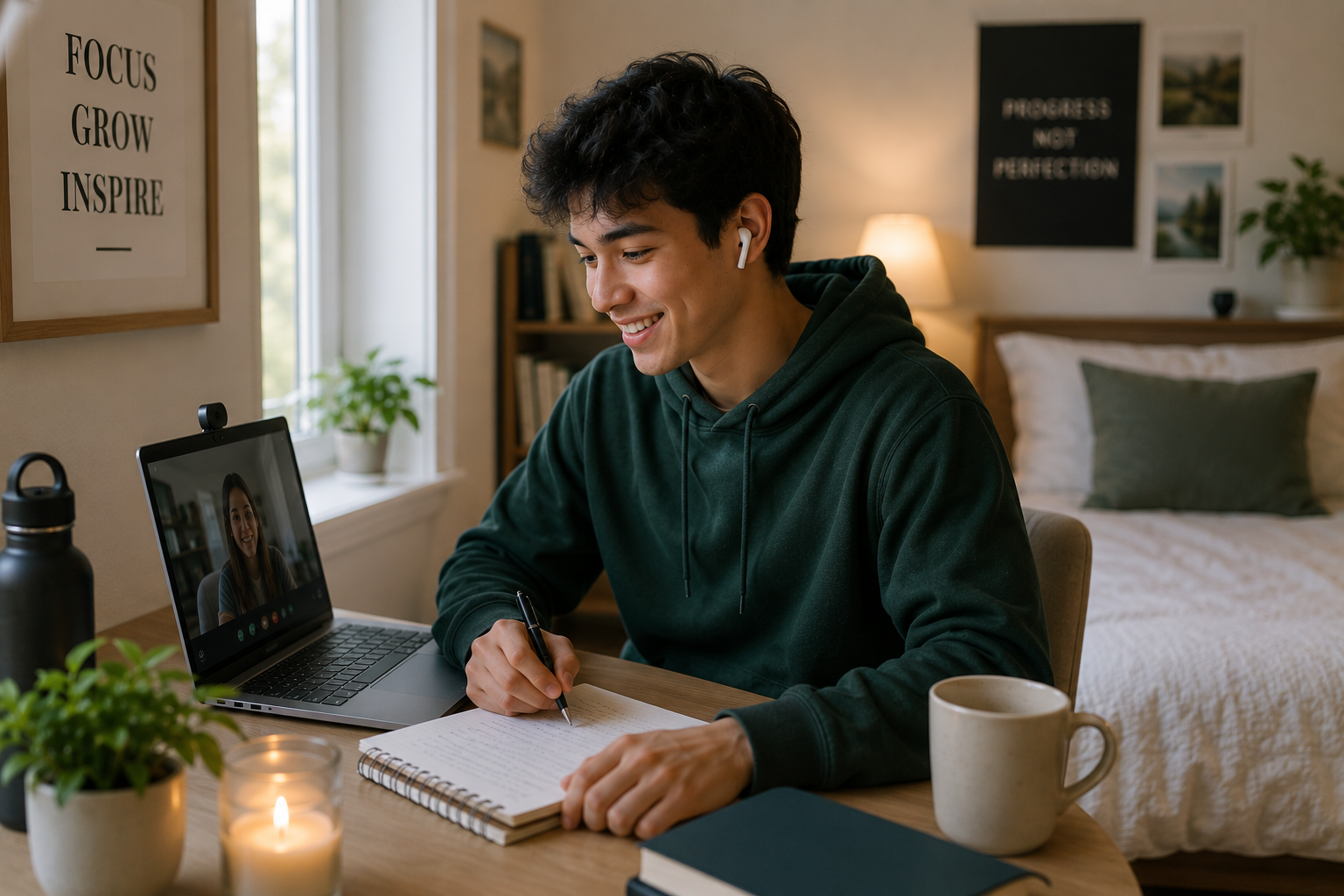 Young man with dark curly hair wearing a dark green hoodie, sitting at a desk with a laptop, taking notes with a pen, talking on a video call on the laptop screen, in a cozy bedroom with plants, candles, and wall art.