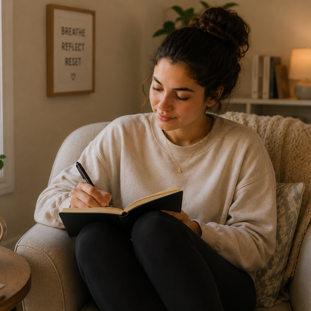 Young woman sitting on a beige couch, writing in a notebook with a black pen, in a cozy living room.