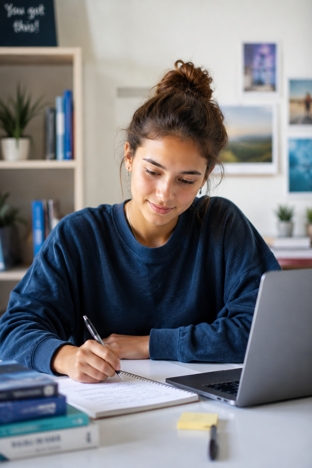 Young woman with a bun hairstyle, wearing a navy blue sweatshirt, studying at a desk with a notebook, pen, stack of books, yellow sticky notes, and an open laptop in a room with framed photos and bookshelves.