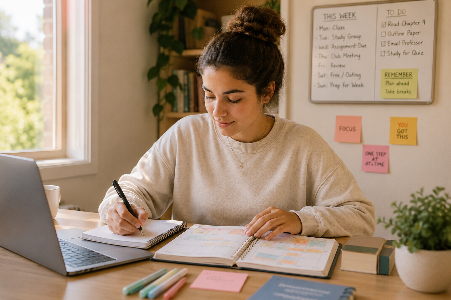 A young woman sitting at a desk, writing in a planner with a pen, with an open laptop, colorful markers, a cup, and books on the desk. There is a whiteboard with notes and motivational quotes on the wall behind her, and a window letting in natural light.