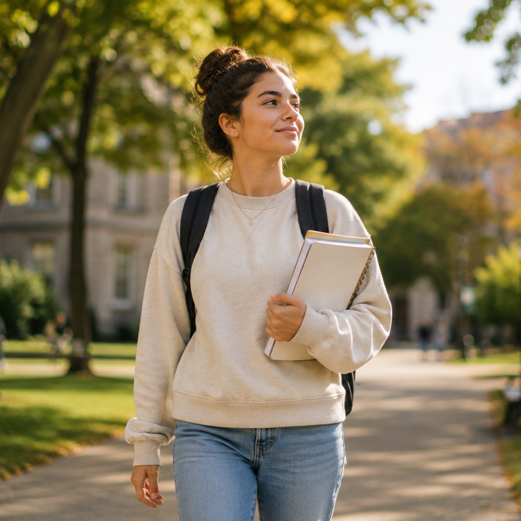 A young woman walking outdoors on a college campus, holding notebooks, wearing a cream sweatshirt, jeans, with a backpack, on a sunny day.