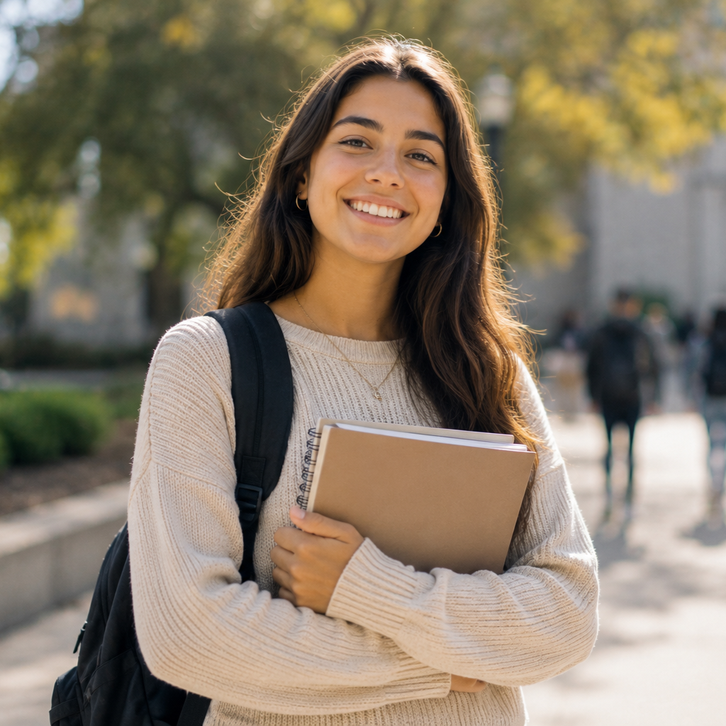 Smiling young woman holding notebooks and wearing a backpack outdoors on a sunny day.