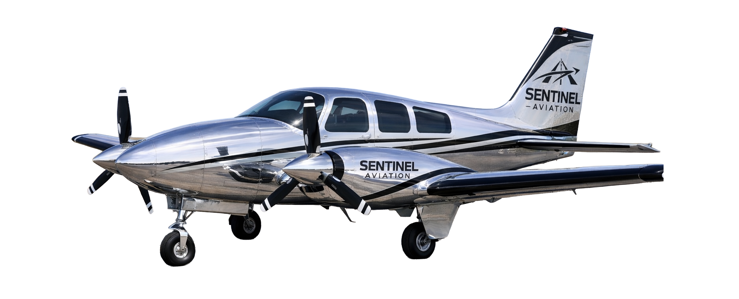 A sleek, shiny silver aircraft with the logo 'Sentinel Aviation' on the tail and engine, featuring black and white accents, parked on a tarmac.