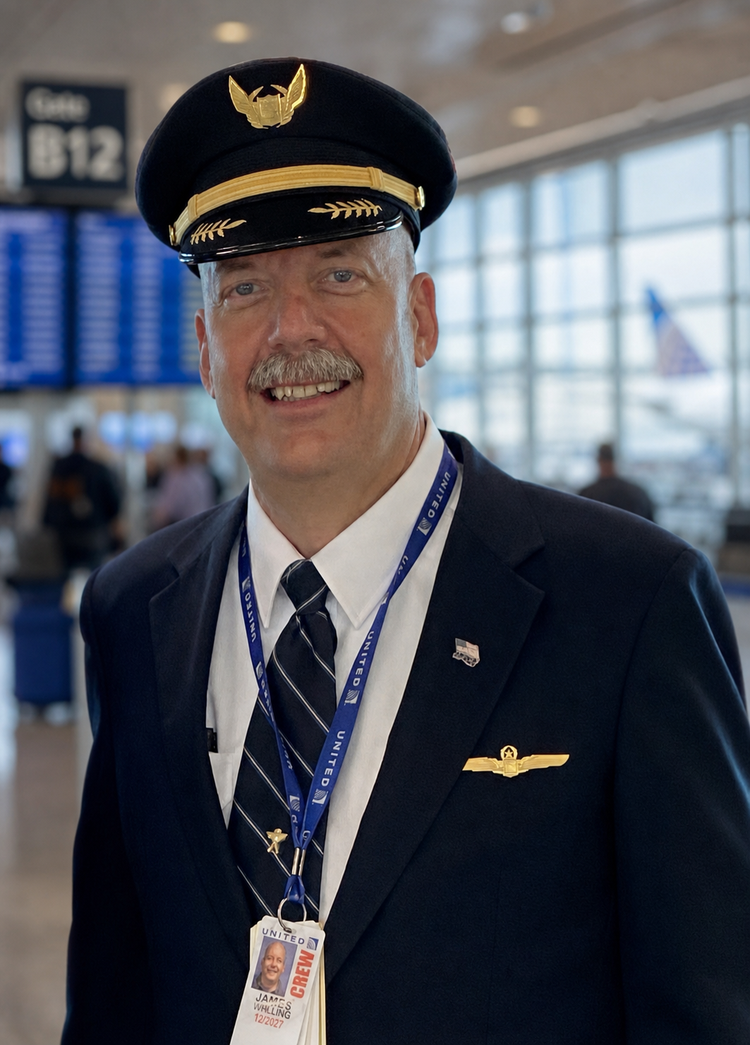 A smiling man dressed as a pilot at an airport terminal, wearing a pilot's uniform with a hat, tie, and the airline's pin, with airport signage and windows in the background.