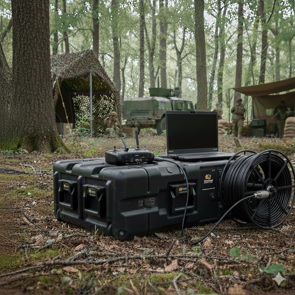Military equipment in a forest with soldiers, a drone, a computer, and a vehicle in the background.