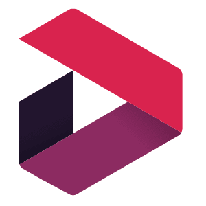 An abstract 3D geometric shape with overlapping red, black, and purple sections
