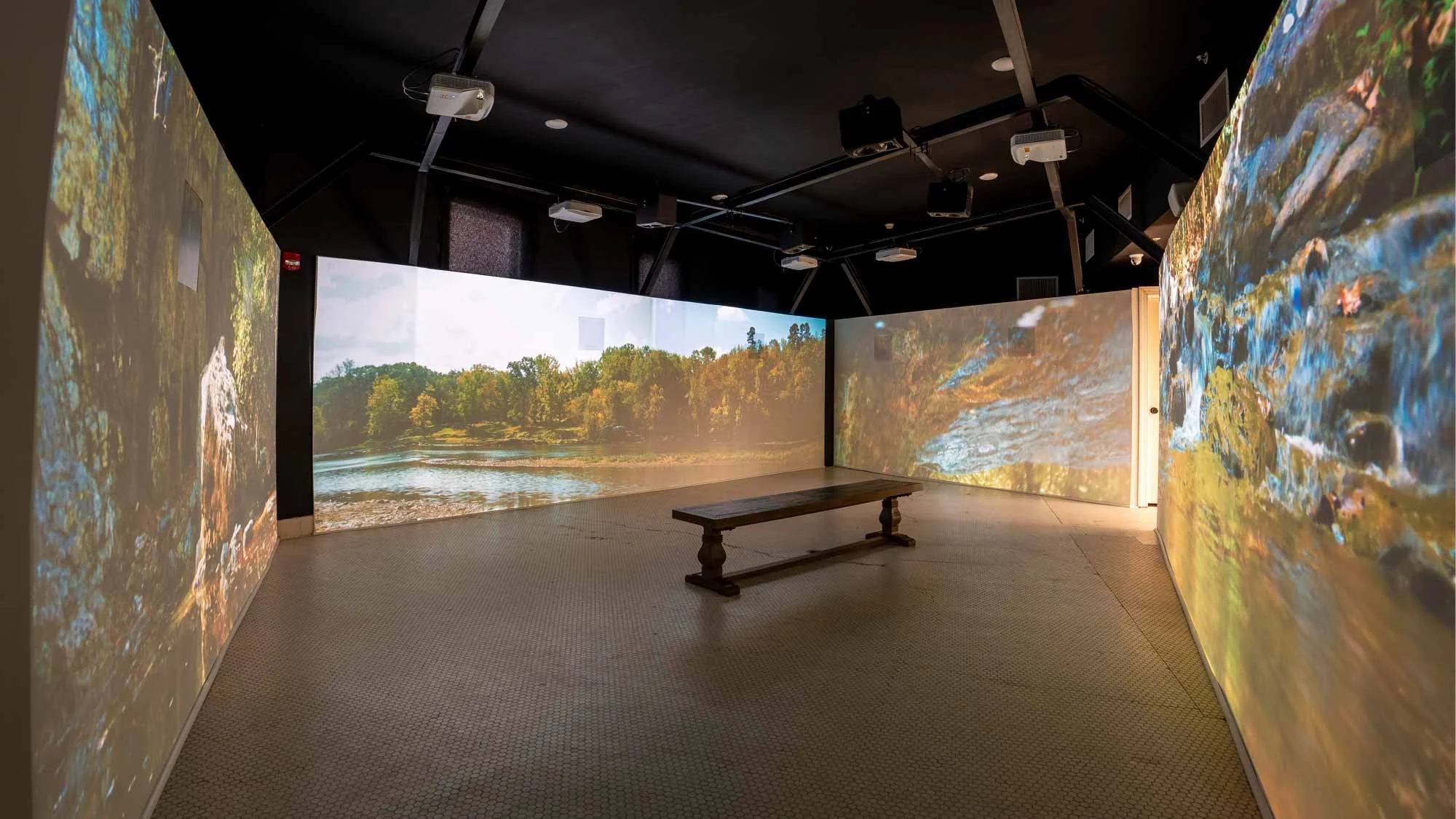 Room with panoramic wall projections of a river and forest landscape, with a bench in the center.