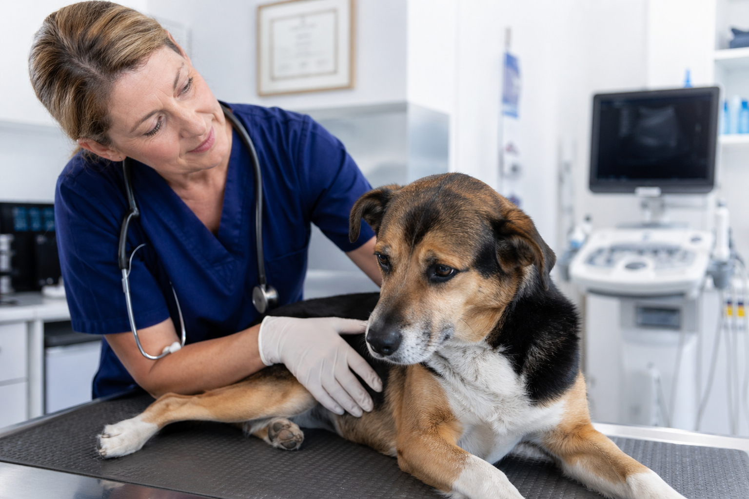 vet examining sick dog