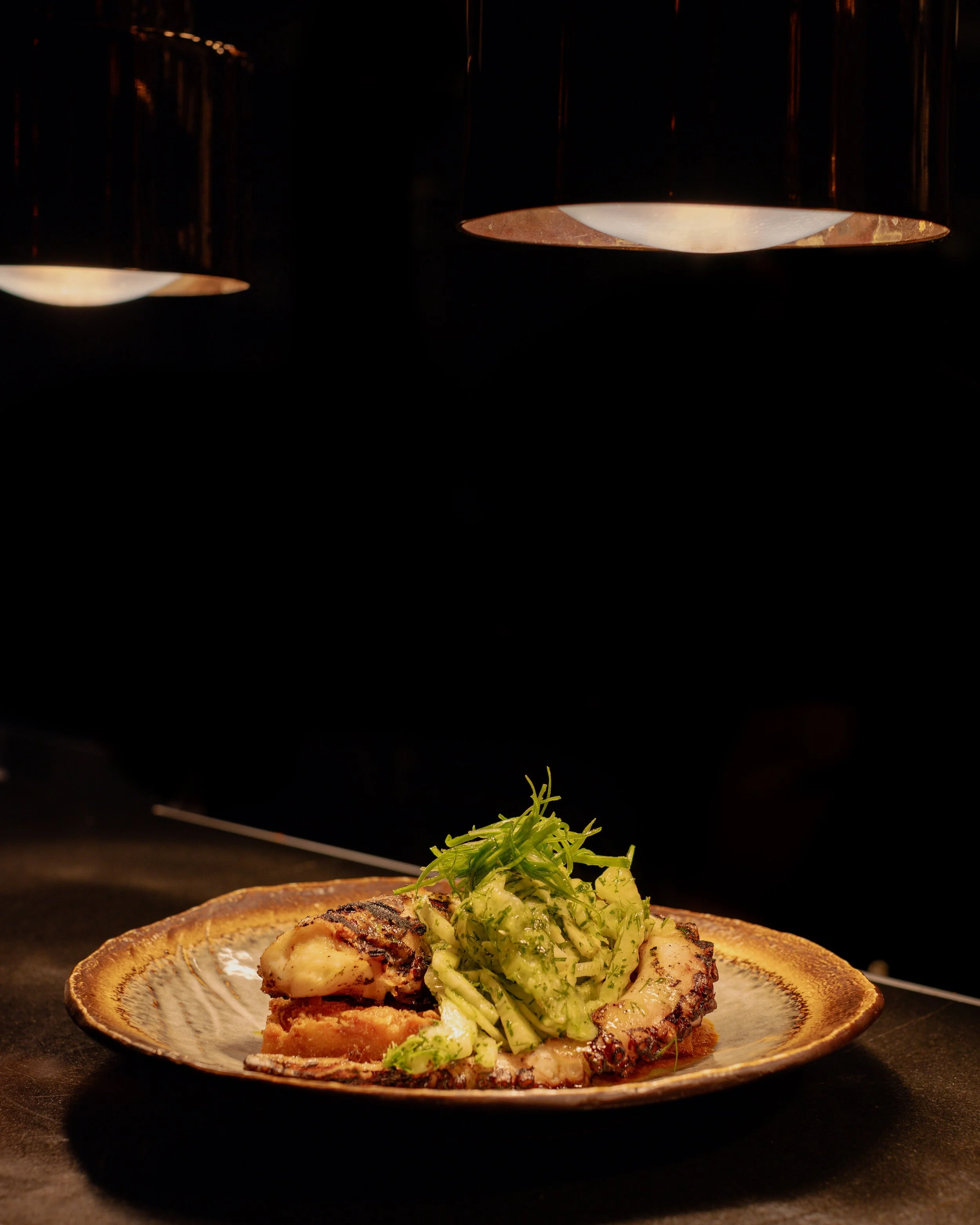 A plated gourmet dish featuring grilled seafood and a fresh green salad, illuminated by overhead lighting on a ceramic plate.