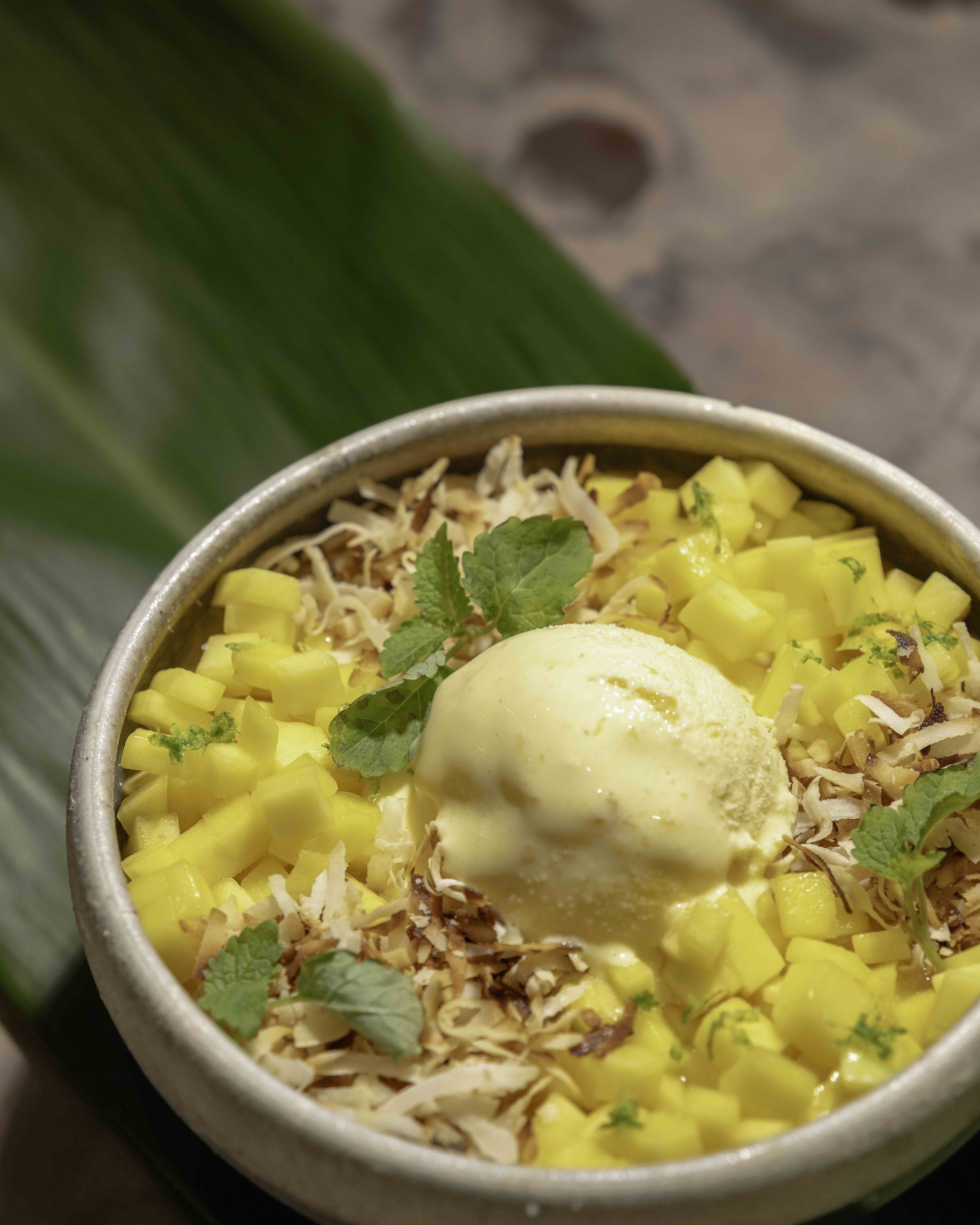 Close-up of a bowl containing diced mango, shredded chicken, herbs, a scoop of vanilla ice cream or sorbet, and garnished with fresh mint leaves.