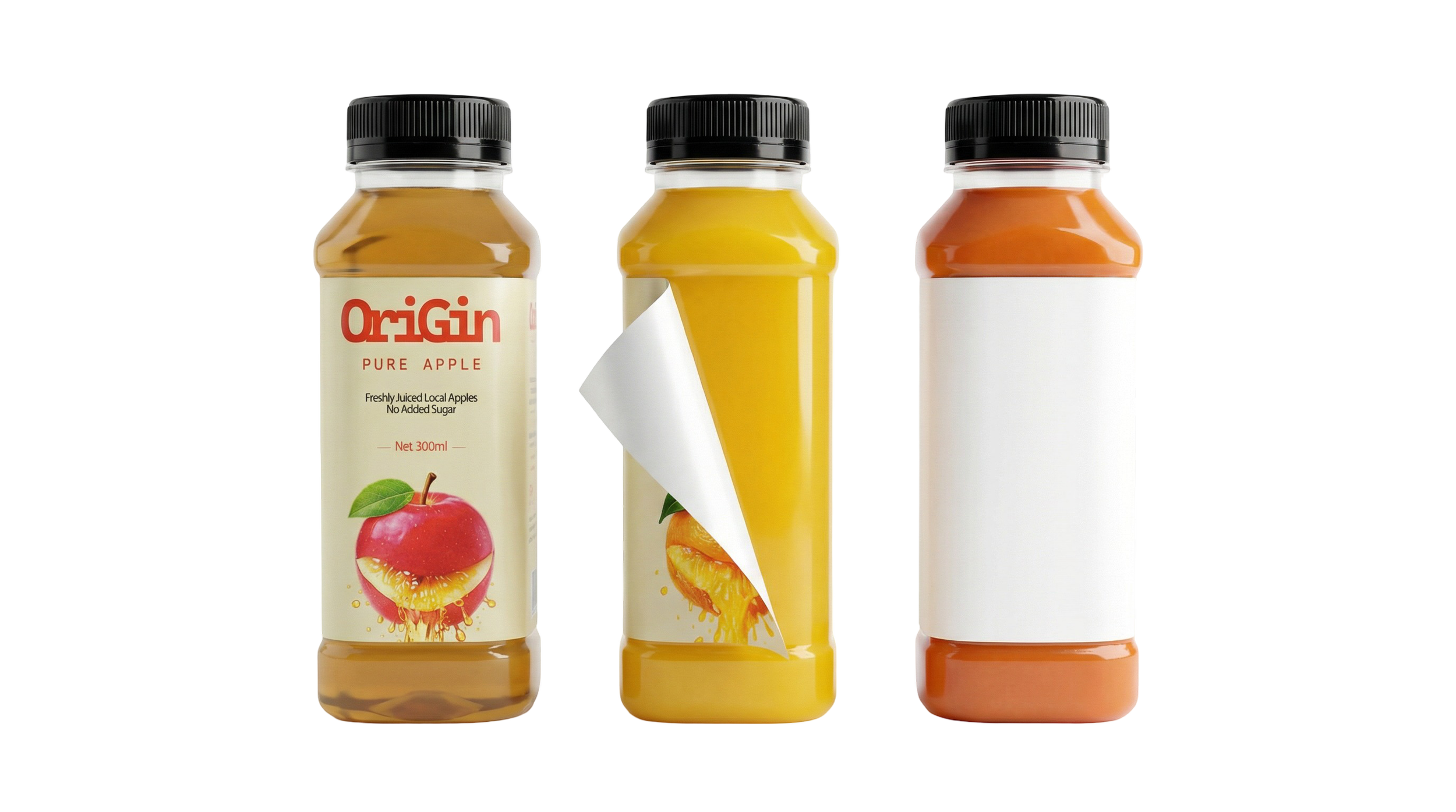 Three bottles of fruit juice with black caps; the first bottle has a label reading 'Origin Pure Apple' with an image of a sliced apple, the second bottle has a partially peeled label showing a yellow-orange juice, and the third bottle has a blank label, with a purple background.