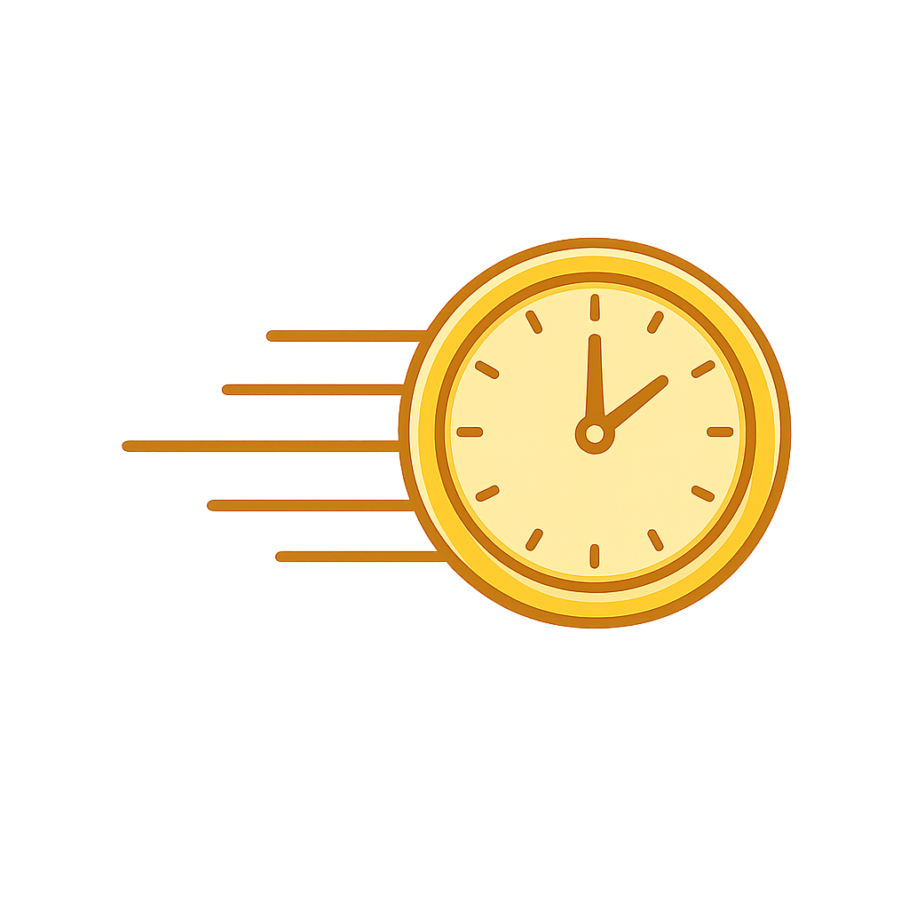 Clock showing 12:05 with motion lines indicating speed.