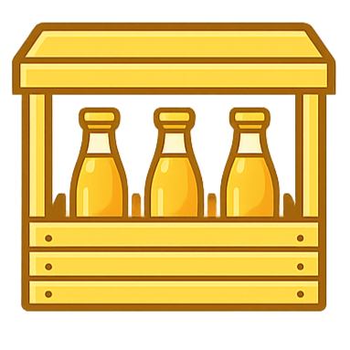A wooden market stall with three bottles of orange juice.