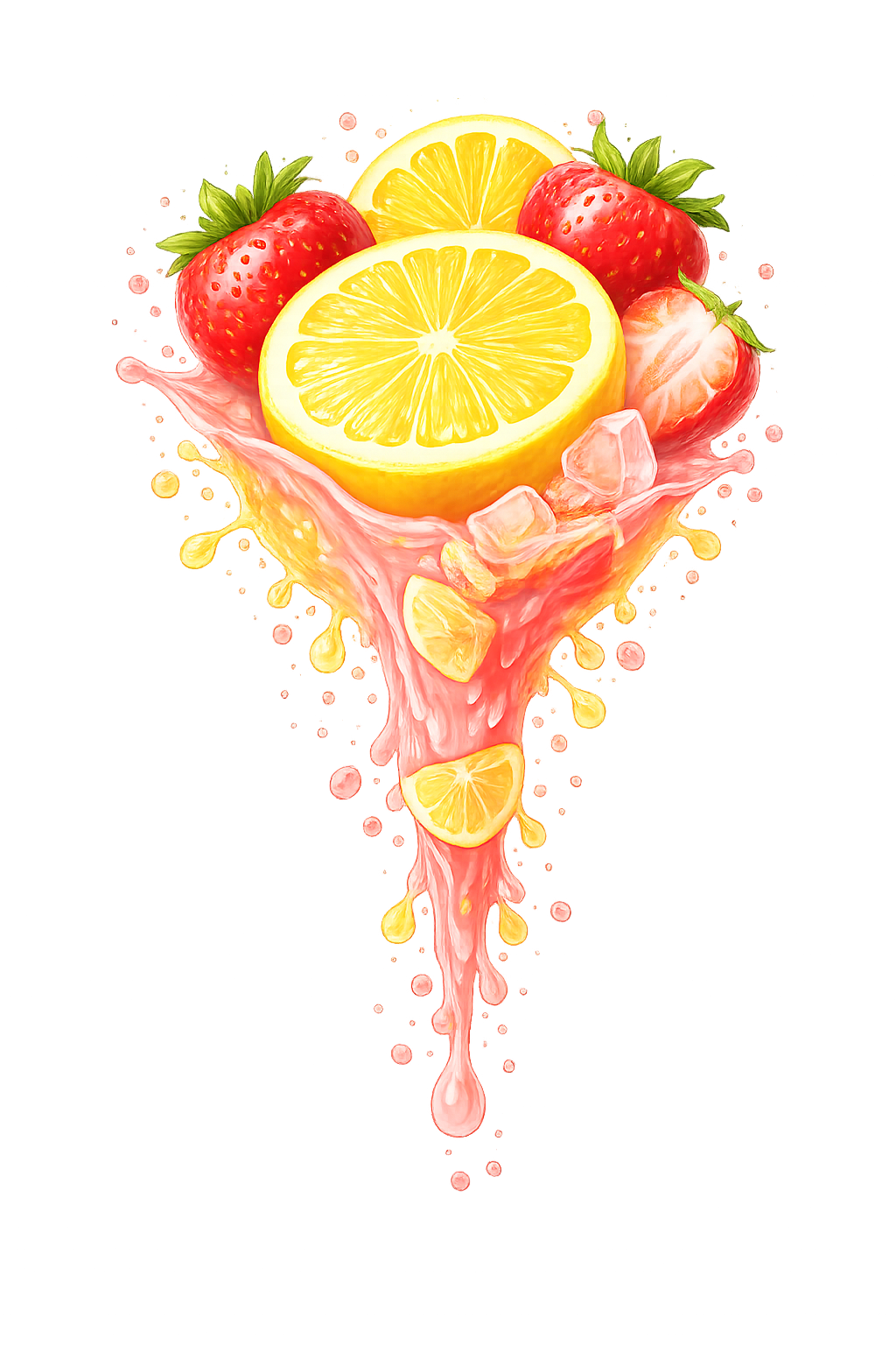 Lemon and strawberry slices splashing into pink liquid with ice cubes.