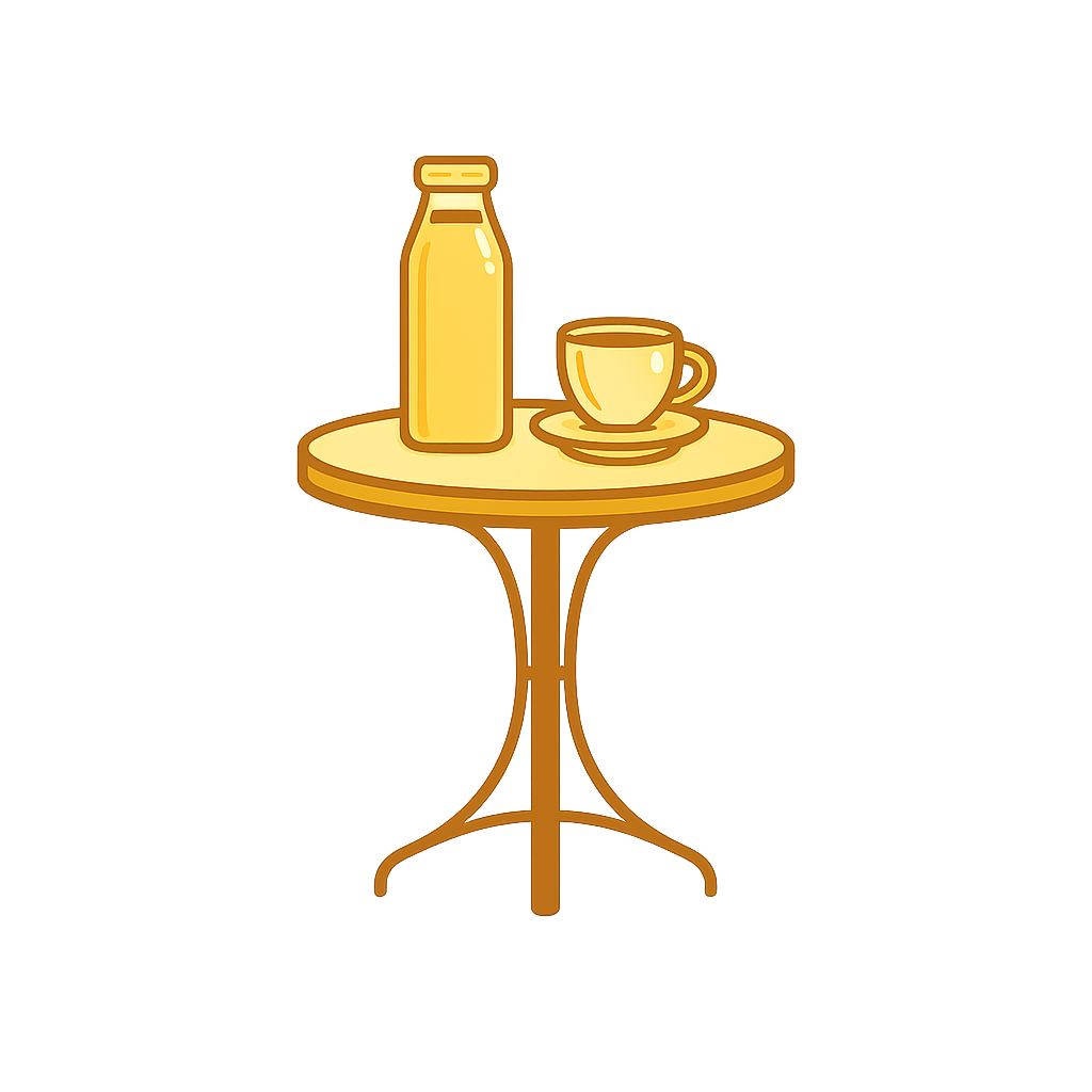 A cartoon-style illustration of a small round table with a bottle, a cup, and a saucer on it, placed next to a yellow cushioned booth.