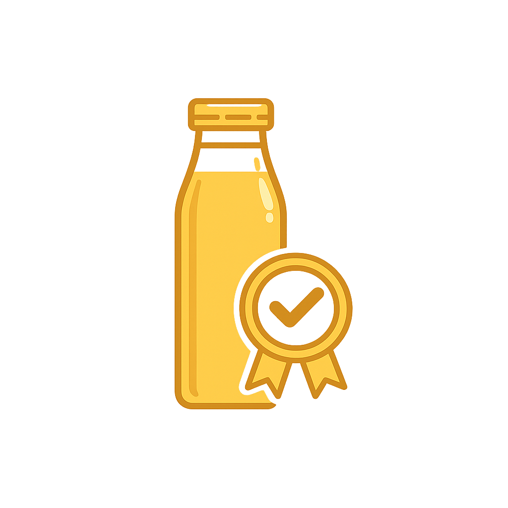 A digital illustration of a bottled beverage with a certification badge featuring a checkmark.