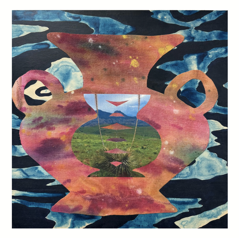 Natalia Nakazawa
collaged canvas, Faux leather, concentrated watercolor and 
acrylic on wood panel
40 × 30 × 2 " 
2021
