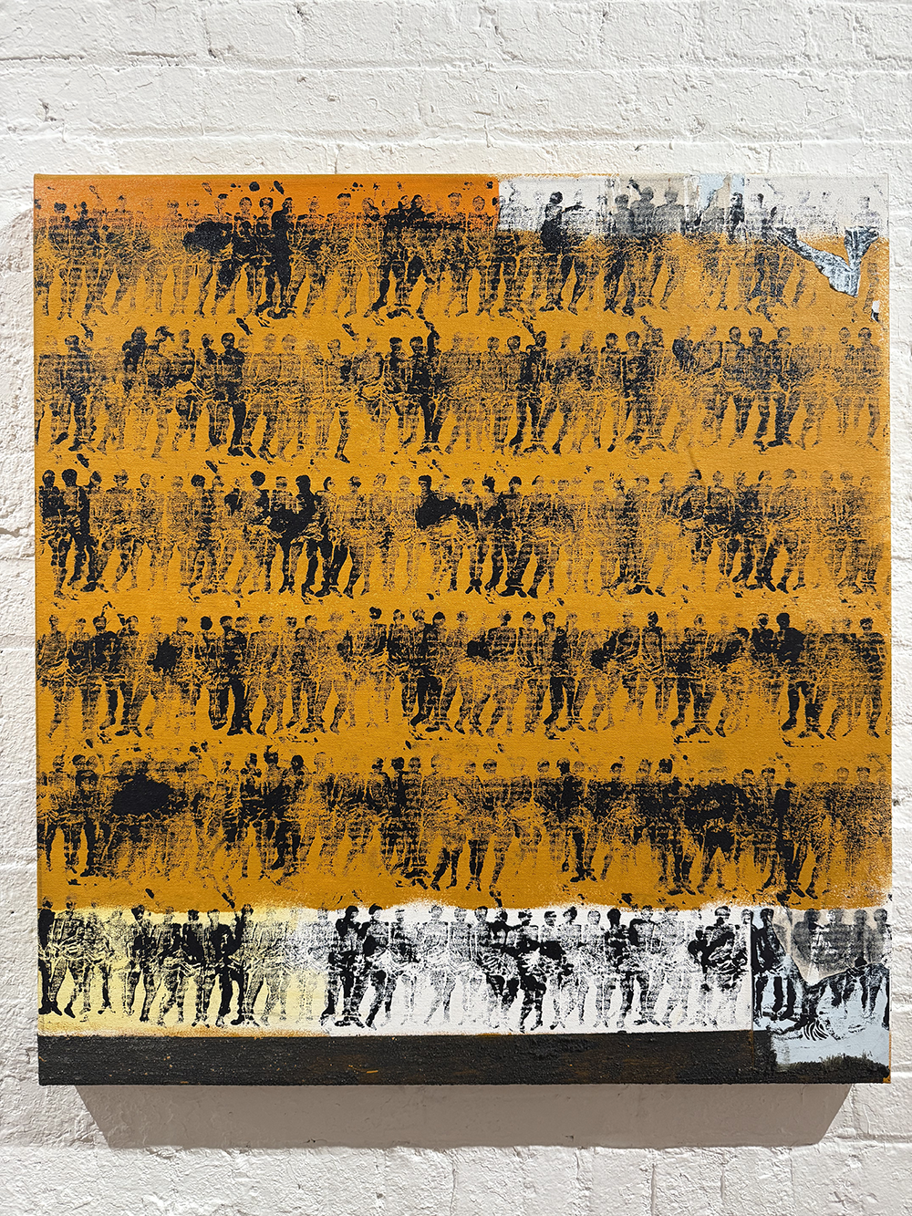 Jared Owens
Shadow boxing - (vertical #5) 3rd generation stamp oil on canvass, Lino cut, sand, and soil from prison yard at F.C.I. Fairton 
30x34  
2025 