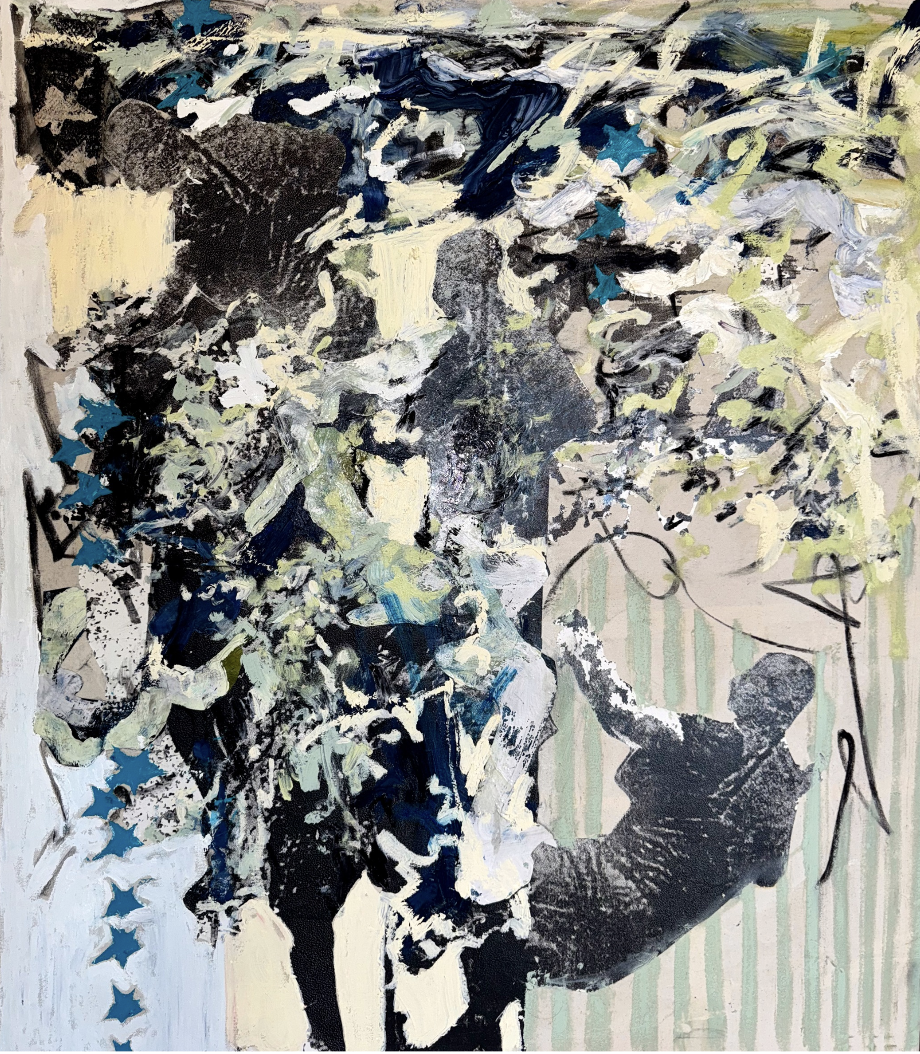 Stars and Stripes II:
Oil, lock ash and mixed media on canvas
42.5 x 37"
2025