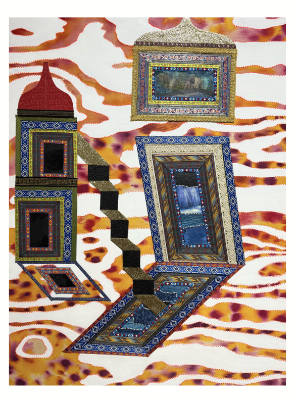 Natalia Nakazawa
Visual Heteroglossia: Infinite Flooding, Infinite Burning, 
Jacquard textiles, digital collage, Faux leather, vinyl, concentrated watercolor and acrylic on wood panel
40 × 30 × 2" 
2016

