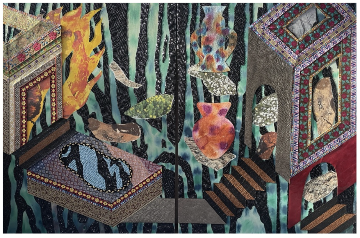 Visual Heteroglossia: Our House is on Fire 
Jacquard textiles, laser cut Arches watercolor paper, vinyl, jewels, concentrated watercolor and acrylic on wood panel 
2 panels - 40 x 30 x 2" 

