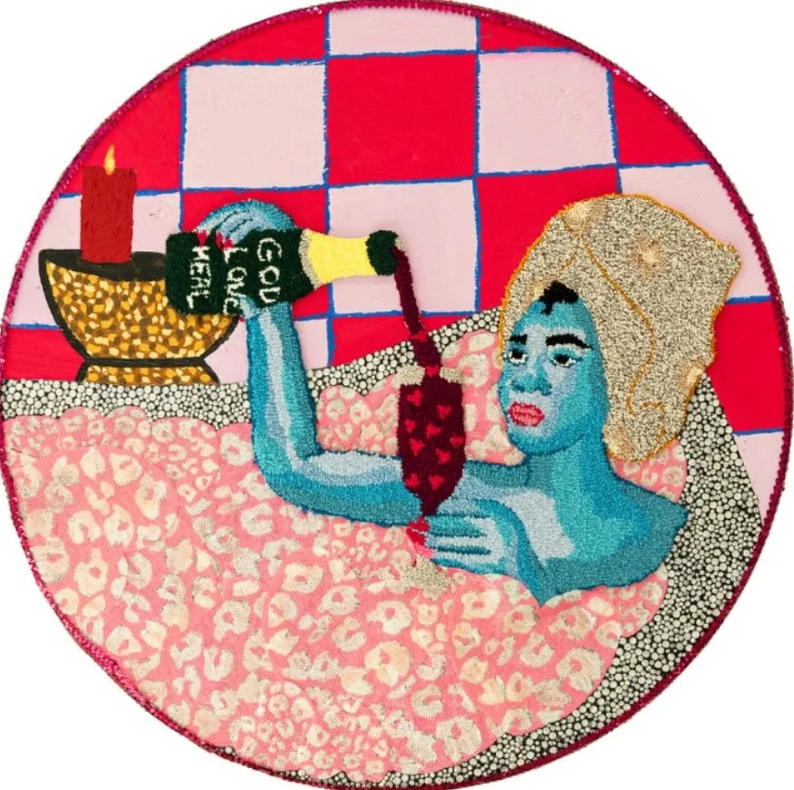 Honey Pierre
A Spiritual Pour 
Yarn, acrylic paint, gemstones, sequins, Oil Pastel on wood panel
42" ( circle )  
2024