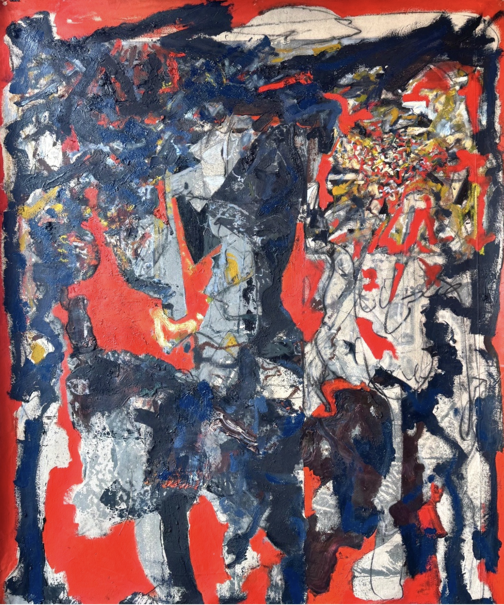Father and Child:
Oil, hand ground pigment, lock ash, beeswax, burlap, silk, hemp, herringbone cotton, marker collage on canvas
79 x 63"
2025