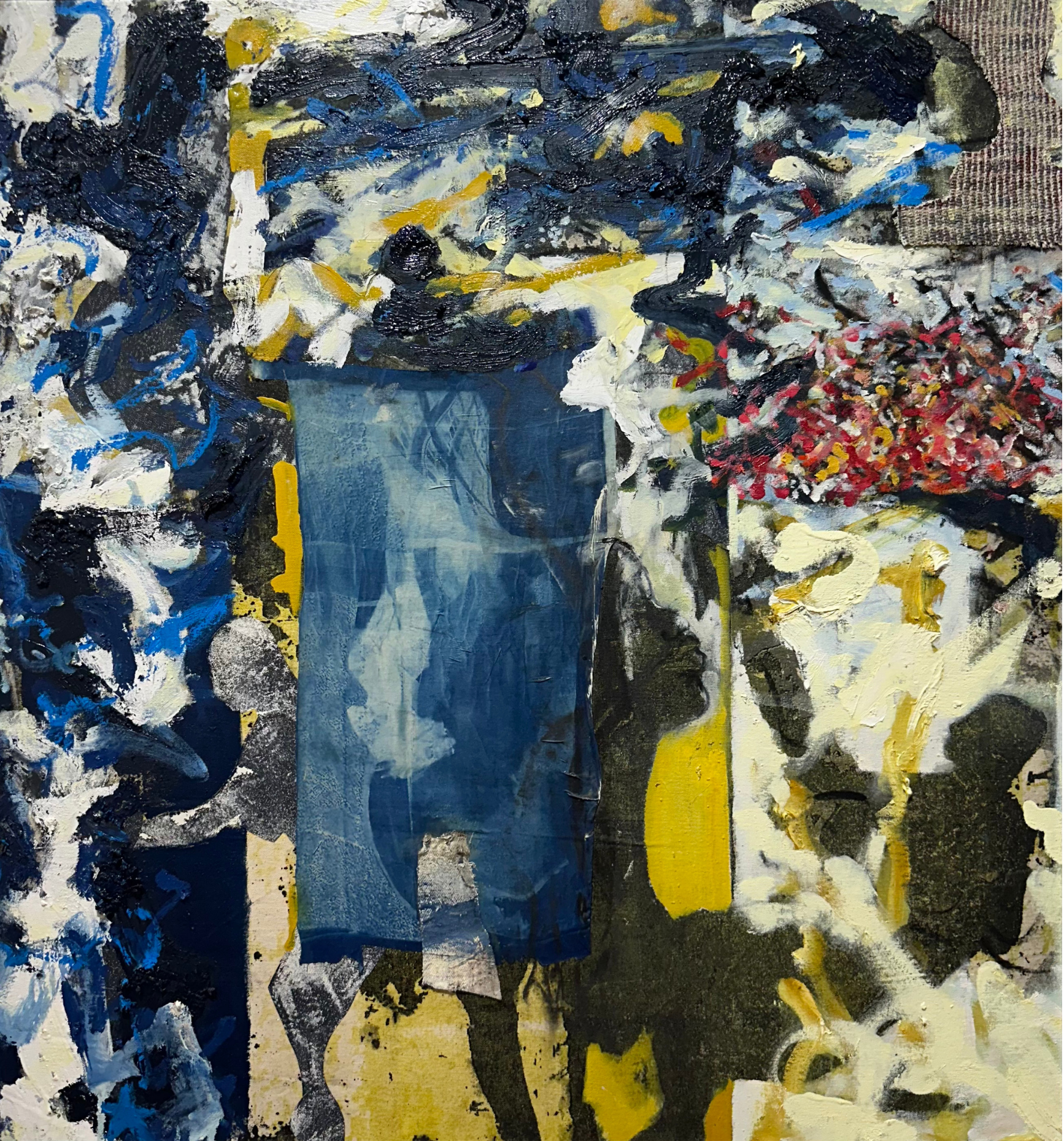 Aristotle Forrester
Ancestor Entrance
Oil, hand ground pigment, lock ash, beeswax, burlap, silk, hemp, herringbone cotton, marker collage on canvas
42.5 in x 39.5 in
2026